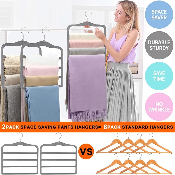 Closet Organizers and Storage, Magic Pants Hangers Space Saving, 4 Tiers Skirt Hangers, Jean Scarf Hangers, Closet Organizer Clothes Hangers, College Dorm Essentials Apartment Essentials-2 Pack - Image 4