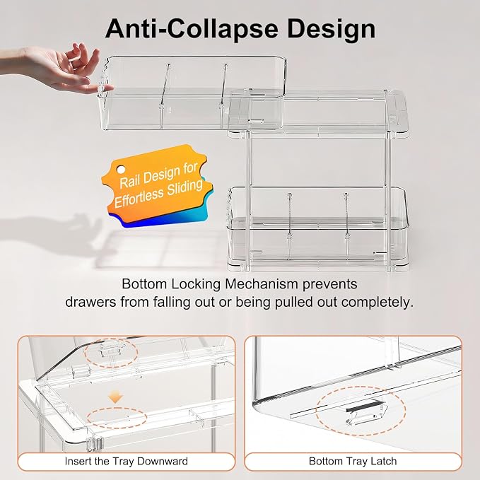 Delamu 2 Tier Under Sink Organizer Bathroom, Bathroom Cabinet Organizer with Snap-Lock Design and Hooks, Pull Out Storage with Movable Dividers, for Countertop, Kitchen and Pantry (Clear, 4 Pack) - Image 2