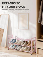 Bumusty 3 Tier Expandable Shoe Rack for Closet, Pink | 18"-33" Adjustable Shoe Rack for Entryway, Small Shoe Organizer for Dorm, Front Door, Sturdy Metal - Image 5