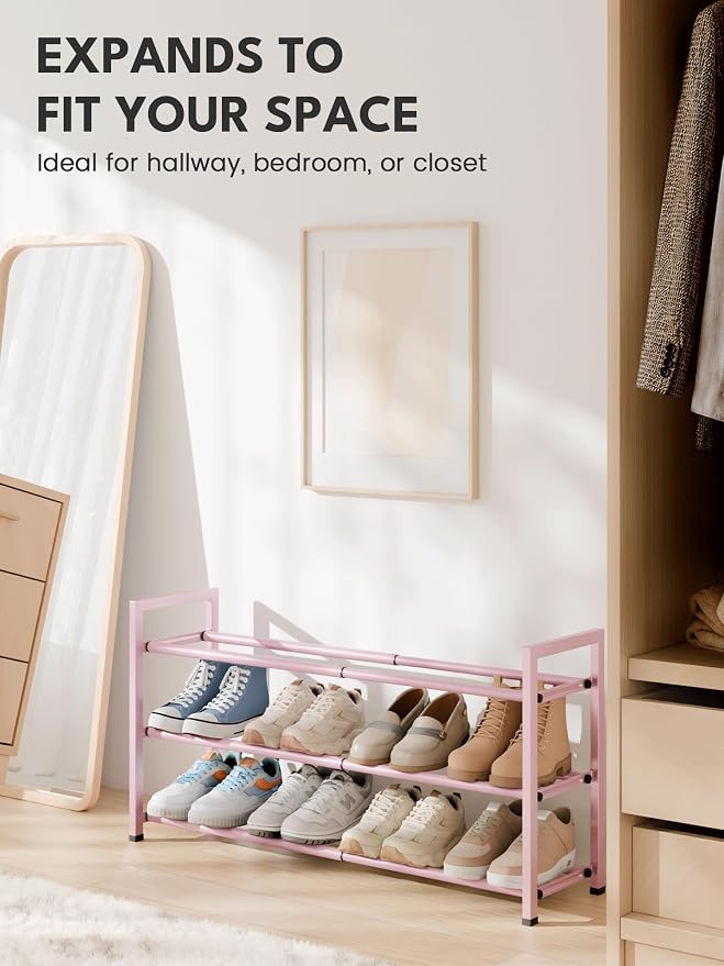 Bumusty 3 Tier Expandable Shoe Rack for Closet, Pink | 18"-33" Adjustable Shoe Rack for Entryway, Small Shoe Organizer for Dorm, Front Door, Sturdy Metal - Image 5