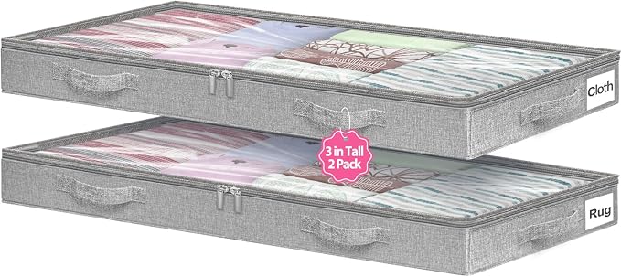 3-in Low Profile Under Bed Storage, No Structure, 2-Pack, Gray | 3" Ultra-Slim, Clear Lid, Reinfoced Handles & Smooth Zips, Dustproof & Waterproof, for Low Bed, Couch, Crib Storage by Boailydi