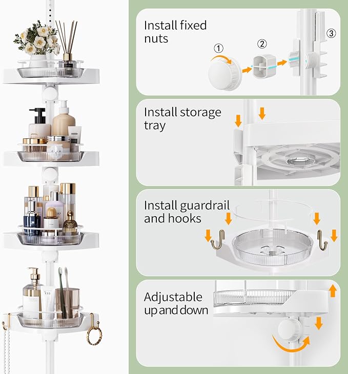 akinbas 360° Rotating Shower Caddy Tension Pole with 4-Tier Rustproof Lazy Susan 35-128 Inch No Drilling Coner Shelves Adjustable Shower Rack for Bathroom Bathtub Washbasin Plant Storage (White) - Image 5