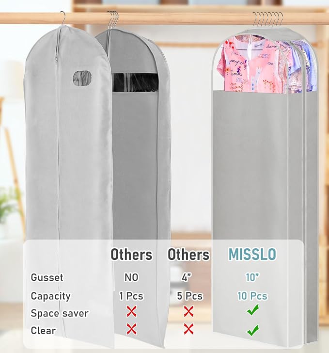 MISSLO 10" Gusseted Garment Bags for Hanging Clothes Storage 60" Dress Bags for Gowns Long Breathable Dress Cover for Closet Storage Coat Protector, 3 Packs, Grey - Image 3