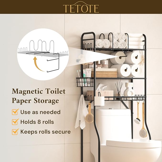 TETOTE Over The Toilet Storage Rack, 3-Tier Bathroom Organizer Shelf Over Toilet with Toilet Paper Roll Holder, Freestanding Metal Rack, Black - Image 3