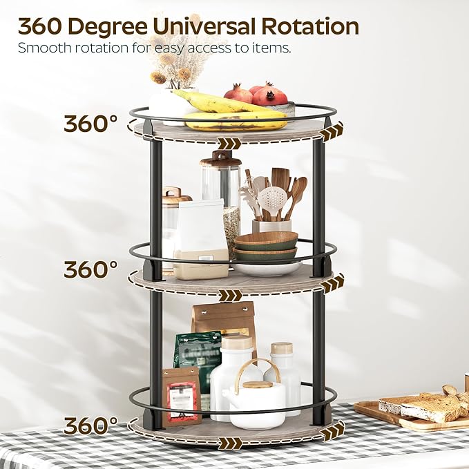 YATINEY 3-Tier Lazy Susan Organizer, Rotating Spice Rack, Spinning Organizer, Industrial Turntable Spice Rack Organizer for Cabinet, Kitchen Countertop, Greige and Black SR23BG - Image 2