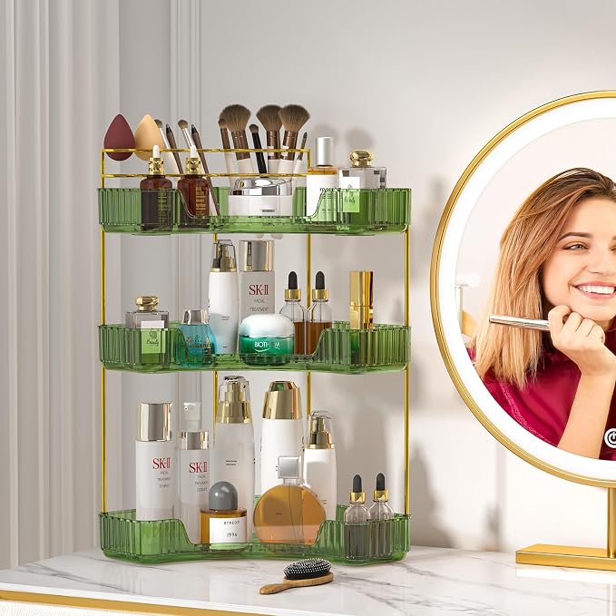 SUNZOS 3-Tier Corner Bathroom Counter Organizer, Bathroom Organizer Countertop with Makeup Brush Holder, Vanity Makeup Cosmetic Storage, Corner Storage Organizers for Dresser - Image 5