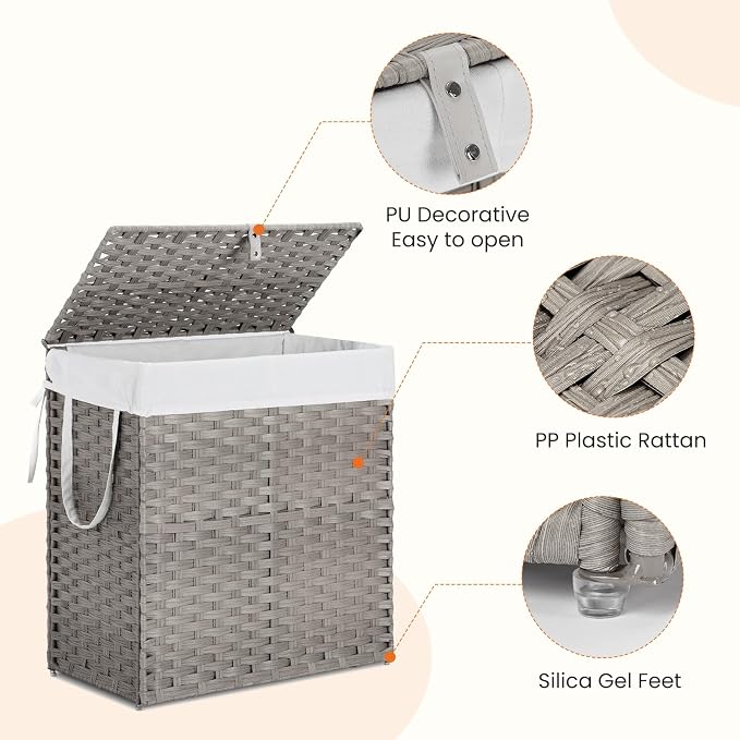 DUMOS Wicker Laundry Basket with Lid, 110L Woven Laundry Hamper with Handles, Foldable Rattan Clothes Hamper with Removable Liner & Sturdy Steel Frame, Dove Gray - Image 5