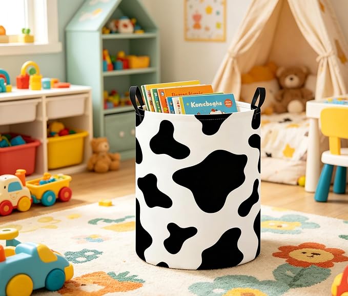 Baby Laundry Basket Baby Nursery Hamper Kids Laundry Basket Toy Storage Bin for Boys Room Decor Gift Baskets for Bedroom Bathroom(Black Cow) - Image 4