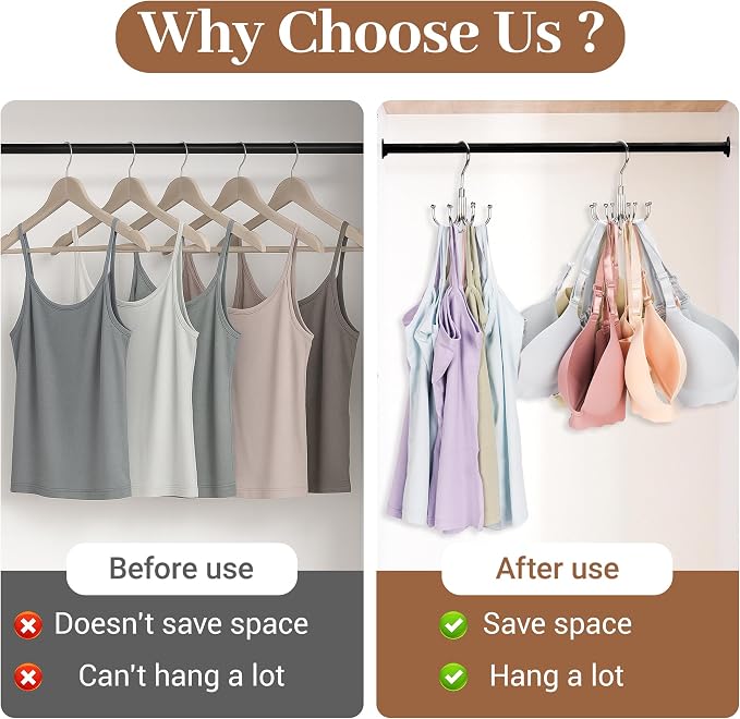 2 Packs Bra Hanger for Closet, Stackable Tank Top Organizer 16 Hooks for Closet Organization and Storage, Stainless Steel Space Saving Clothes Hook Hanger for Belt, Tank Top, Bra, Tie, Scarves - Image 2