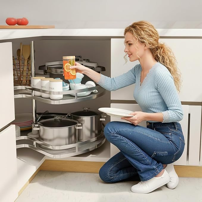Blind Corner Cabinet Kidney Lazy Susan, Soft Close Rotary Cabinet Organizer 32inch, Corner Cabinet Lazy Susan for Blind Shelf, Adjustable Height, 2 Tiers Tray - Image 2