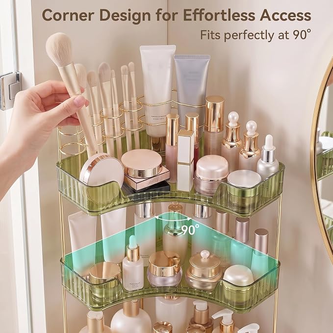 3-Tier Corner Bathroom Counter Organizer with Makeup Brush Holder, Green - Image 4