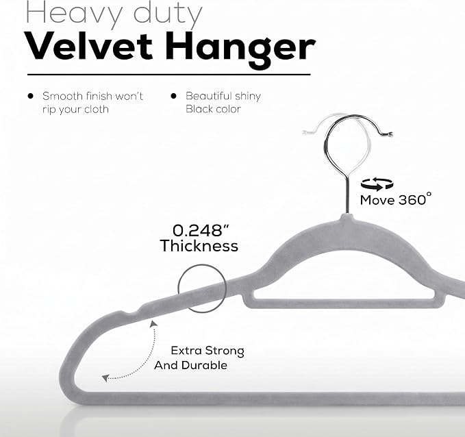 Utopia Home Velvet Hangers 20 Pack – Premium Hangers with Tie Bar - Grey - Image 3