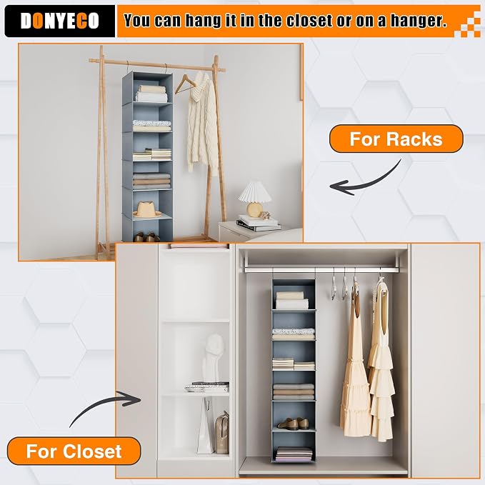 Hanging Closet Organizer 6-Shelf, Oxford Fabric Wardrobe Storage, Gray | Easy-mount foldable design holds clothes, handbags, shoes & accessories; washable Oxford fabric, sturdy and space-saving. - Image 5