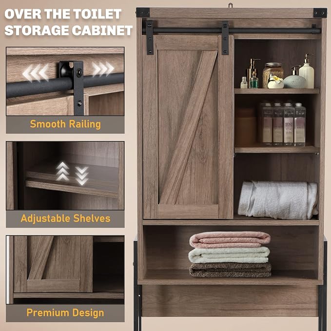 Over Toilet Storage Cabinet with Barn Door & Adjustable Shelves - Image 9
