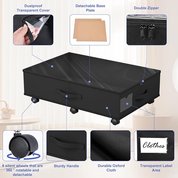 Babenest 4-Pack Under Bed Storage Organizer on 6 Wheels for Clothes - Image 4