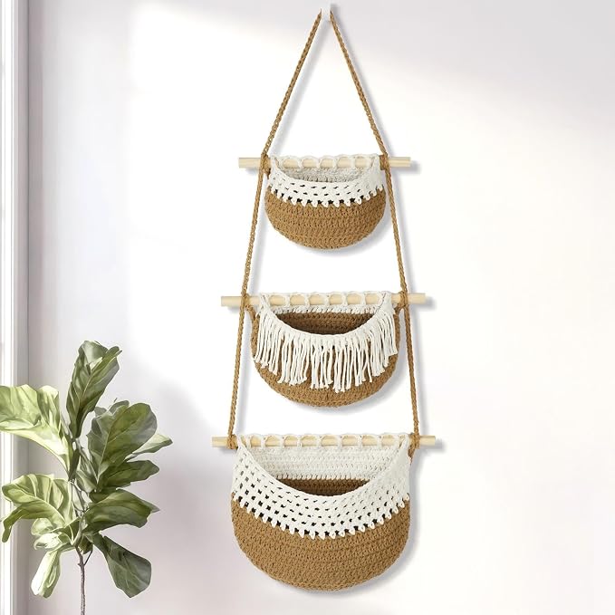 Boho Style Handwoven Rope Hanging Basket - 3-Tier Detachable Storage Organizer for Kitchen/Bathroom/Entryway, 3 Included Heavy-Duty Hooks, 7 Color Options Available (Khaki&White) by GLDFI