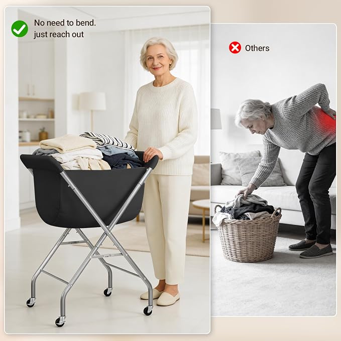 ELYKEN Laundry Basket with Wheels, Collapsible Laundry Hamper, Black - Image 8