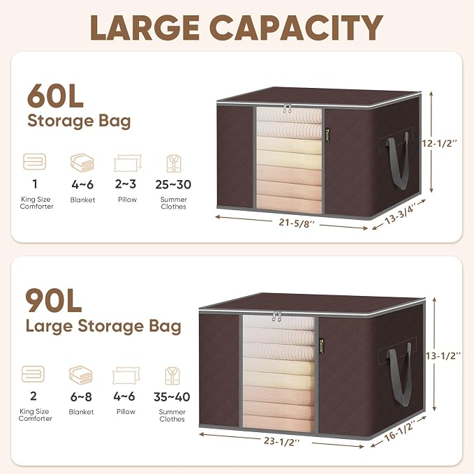 BALEINE 8 Pack Clothes Storage Bags, 16 Gallon Storage Containers with Reinforced Handle, Sturdy Zipper, Closet Organizer for Blanket, Comforter, Pillow, Bedding (Brown, 8 Pack) - Image 6