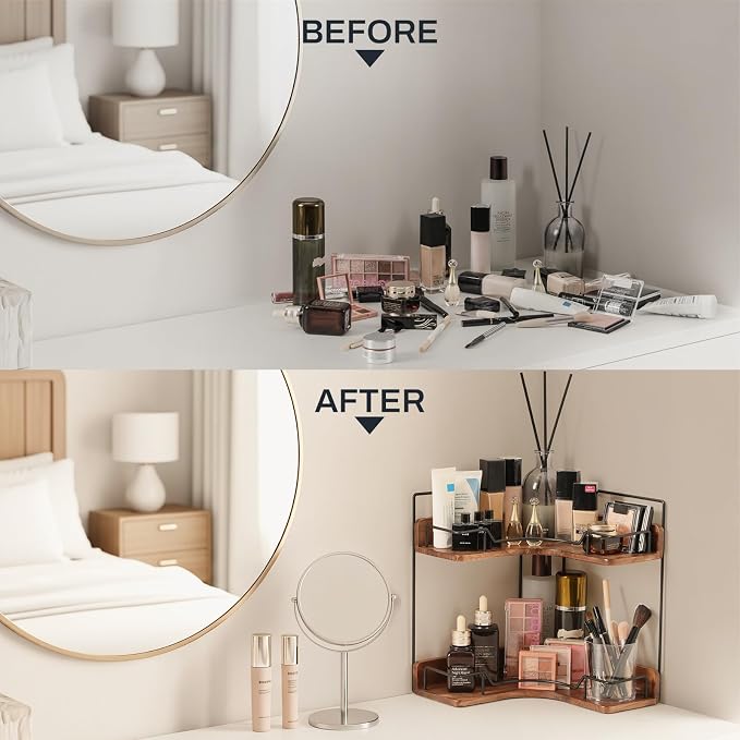 2-Tier Bathroom Counter Organizer, Wooden Corner Shelf for Vanity Countertop Skincare & Makeup, Storage and Organization for Kitchen - Image 5