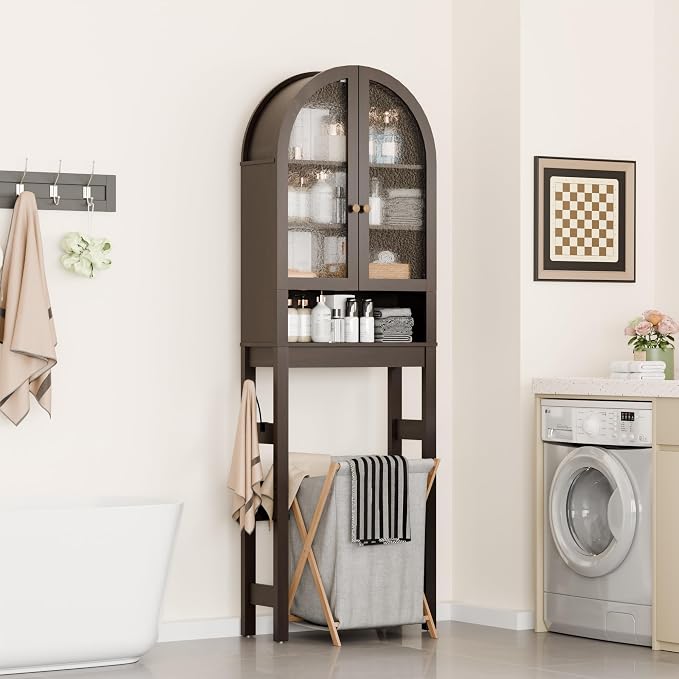 Over The Toilet Storage Cabinet, 23.7”W Modern Storage Cabinet Over Toilet with Acrylic Doors, Arched Freestanding Over Toilet Rack with Adjustable Shelf for Bathroom, Espresso - Image 8