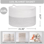 INDRESSME 115L Extra Large Woven Rope Blanket Basket Living Room, White - Image 2