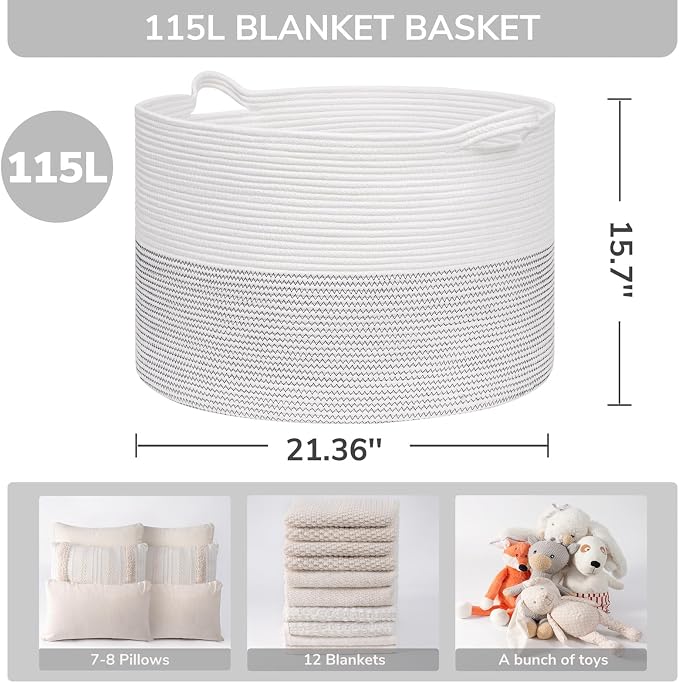 INDRESSME 115L Extra Large Woven Rope Blanket Basket Living Room, White - Image 2
