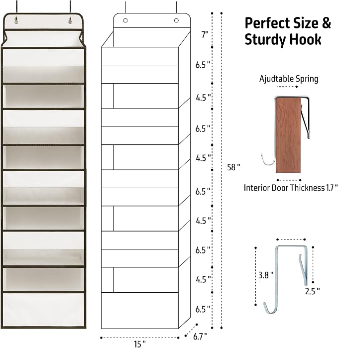 TYMENSH White Over Door Organizer with 5 Large Clear Pockets and 6 Side Mesh Pockets, Anti-Tilt Hanging Door Storage for Nursery, Bathroom, Closet, Bedroom, Dorm, Toys - Image 2