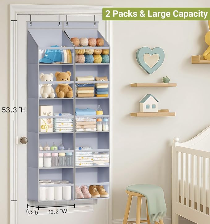 AOODA 4 Pack Over the Door Organizer, Large Capacity Closet Door Hanging Organizer, Clear Deep Pockets Baby Organizer Storage for Nursery, Bathroom, Bedroom, Pantry, Diapers (Grey) - Image 2