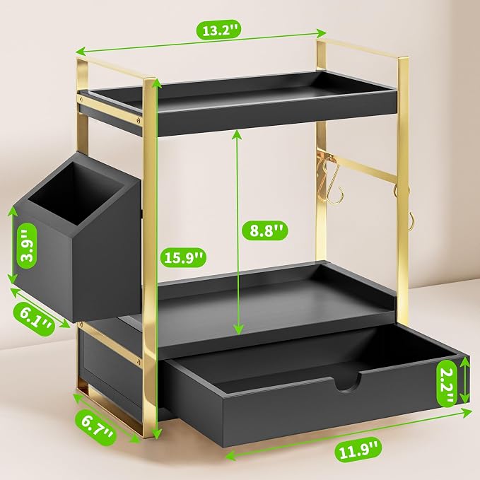 2-Tier Bathroom Counter Organizer, Wooden Vanity Shelf with Drawer & Basket - Image 2