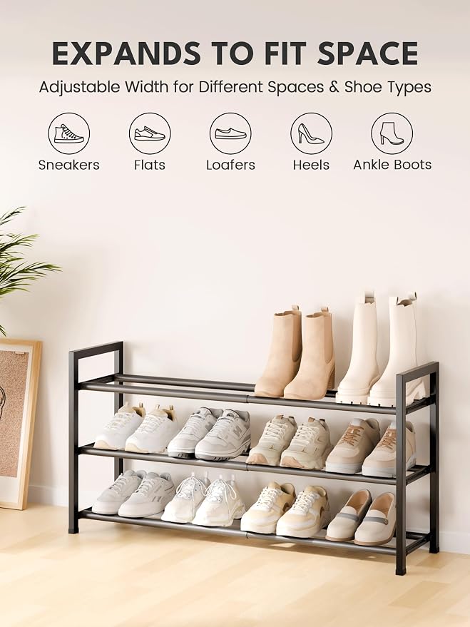 Bumusty 3 Tier Expandable Shoe Rack for Closet, Black | 18"-33" Adjustable Shoe Rack for Entryway, Small Shoe Organizer for Dorm, Front Door, Sturdy Metal - Image 3
