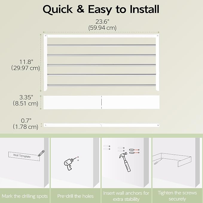 Vikaqi Wall Mounted Clothes Drying Rack 23.6", Foldable Wall Mount Laundry Rack Folding Indoor, Drying Rack Clothing Collapsible, Hidden Space Saver with Wall Template, 5 Rods, White - Image 3