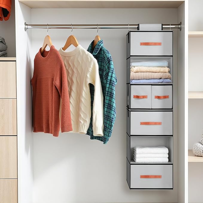 Hanging Closet Organizer 6-Shelf, Upgrade Closet Organizers and Storage with 5 Removable Drawers & 4 Side Pockets, Hanging Shelf Organizer for Bedroom or Garment Rack, 12.6'' x 12.6'' x 44.1'', Gray - Image 2