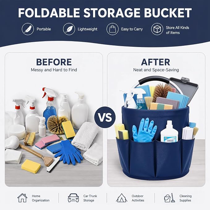 Cleaning Caddy with Handle, 17L Foldable Storage Basket, Heavy Duty 600D Oxford Cloth Organizer, Portable Supply Bag, Multi-Purpose Supplies Caddy for Home, Bathroom, Kitchen, Garden - Dark Blue - Image 3