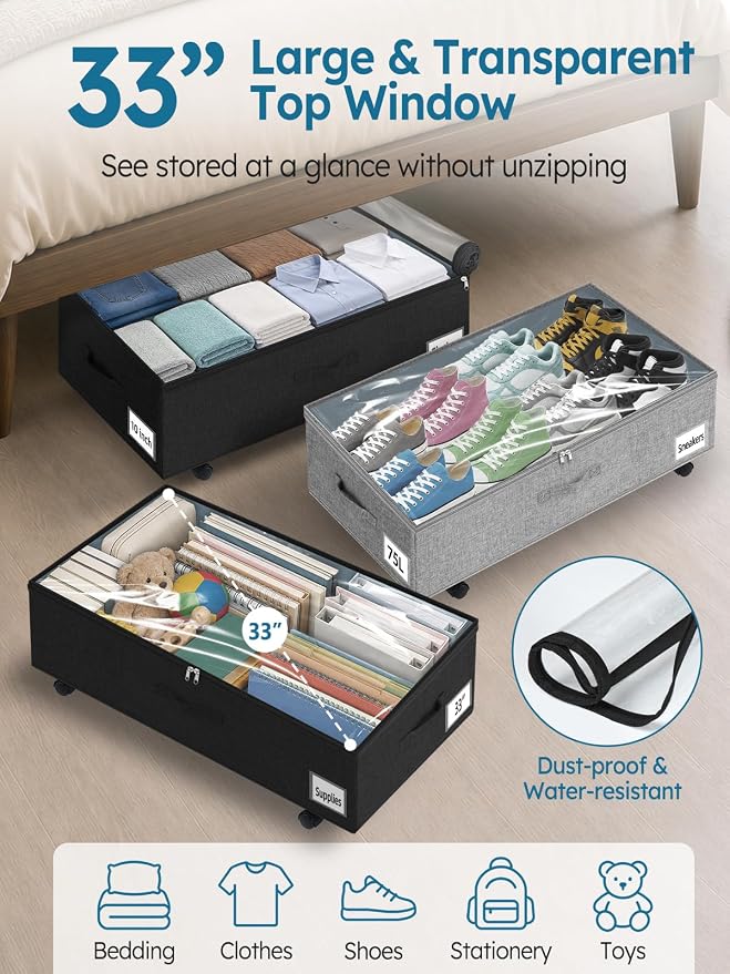10-in 75L Low Profile Under Bed Storage with Wheels, 2 Pack,Black | 5 Rotating Wheels, Large Clear lid, Rigid Sides & Bottom, Low Space Storage, Under Bed, Couch, Crib, Dorm Organization - Image 4
