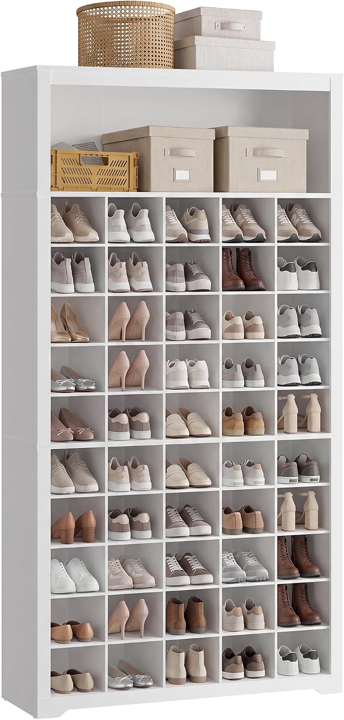VASAGLE Tall Shoe Storage Cabinet, 10‑Tier, Holds Up to 50 Pairs of Shoes | Vertical Wood Rack, 39.4 x 13.2 x 75.4 inch, for Entryway, Cloud White, HELAN Collection ULBS275WB01S by VASAGLEbySONGMICSHOME