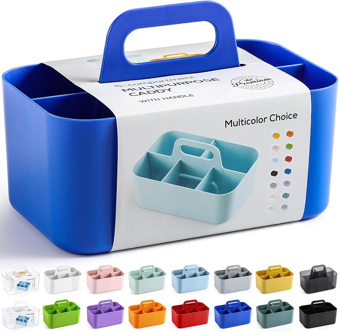 Multiuse Caddy Organizer with Handle, Portable Plastic Tote Bin - Art Craft, Stationary Pen Marker Crayons, Makeup Hair Supplies Storage - Bathroom, Classroom, Dorm, Office, Desk Holder - Dark Blue by AOZITA