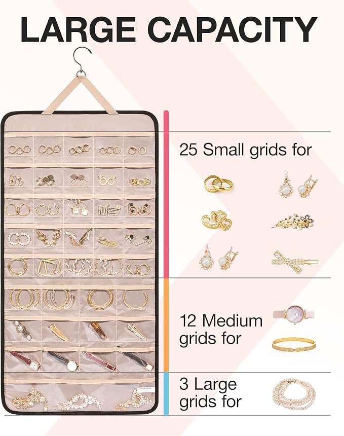 BAGSMART Hanging Jewelry Organizer Necklace/Earring/Ring 2-Sided XL Black - Image 3