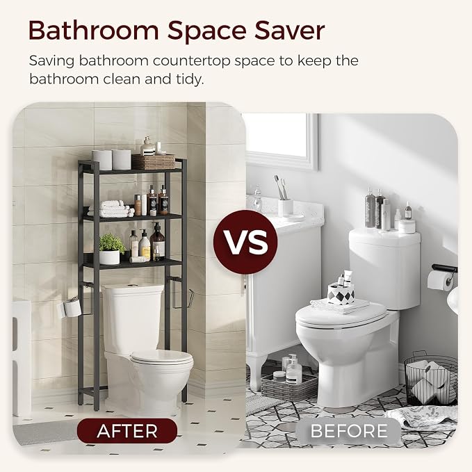 MAHANCRIS Over The Toilet Storage Rack, 3 Tier Bathroom Organizer Over Toilet, Freestanding Space Saver Toilet Stand with 2 Hooks, Bathroom Storage Shelf, Easy to Assemble, Black TSBK6001 - Image 6