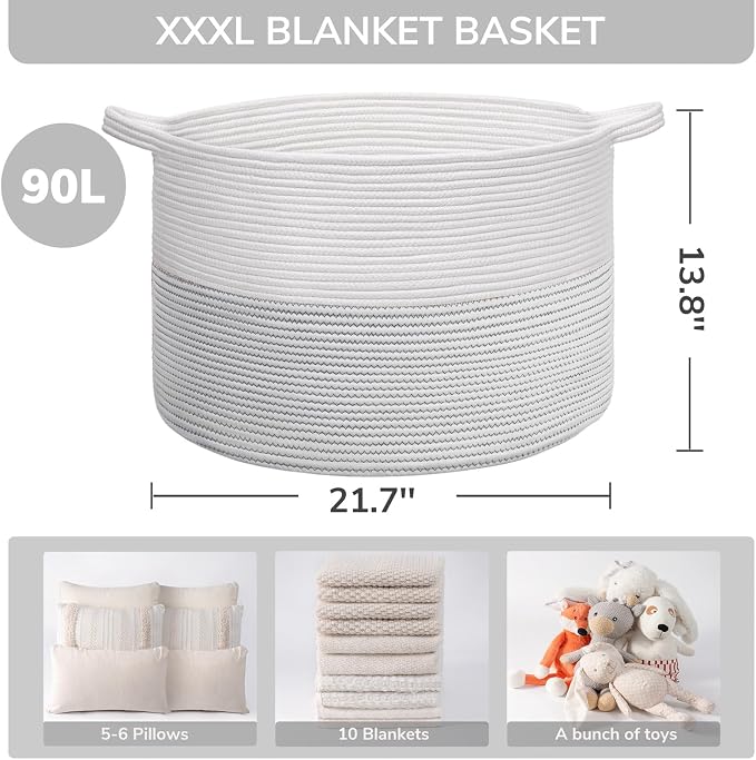 INDRESSME XXXLarge Woven Rope Blanket Basket Living Room White, 90L - Image 5