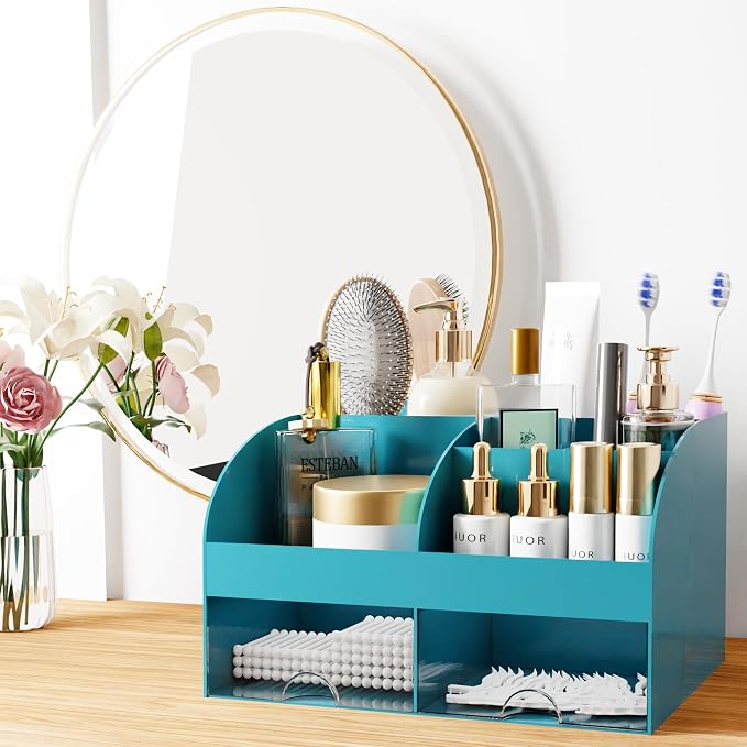 Makeup Organizer with Drawers, Cosmetic Storage for Dresser Vanity and Bathroom Countertop, Beauty Holder for Lipstick Brush, Skincare Organizer for Vanity, Cosmetic Display Case (Dark Green) - Image 3