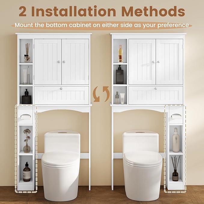 Giantex Over The Toilet Storage Cabinet, 31.5''W Freestanding Space Saver with Doors, Adjustable Shelf & Toilet Paper Holder, Over Toilet Bathroom Organizer for Laundry, Restroom, White - Image 6