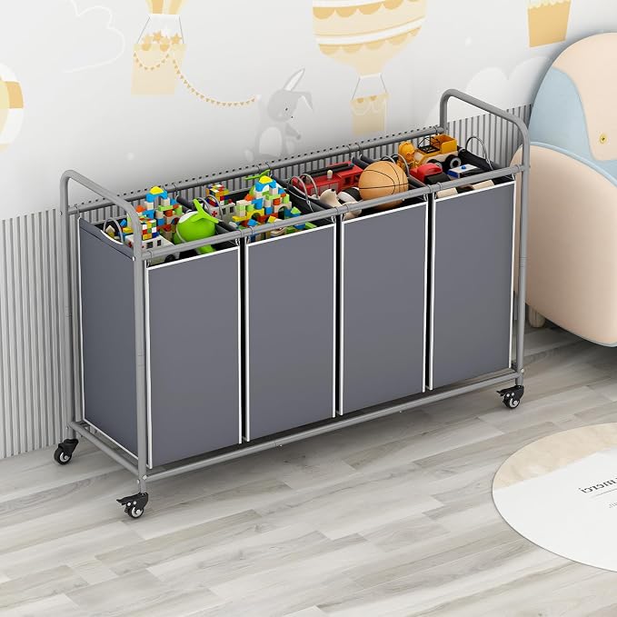 LINZINAR 4 Section Laundry Hamper, Grey Laundry Basket, 180L Laundry Sorter - Image 3
