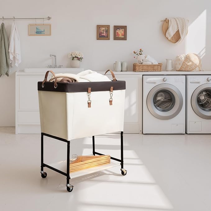 StorageWorks Laundry Cart, 2 Tier Rolling Basket with Wheels, 29 Gal, Beige - Image 2