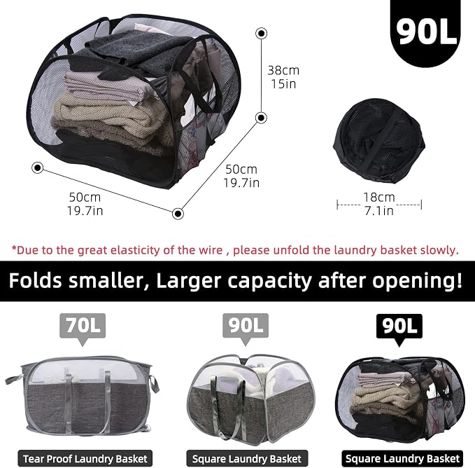 Collapsible Laundry Basket, 90L Mesh Pop-up Hamper with Handles - Image 2