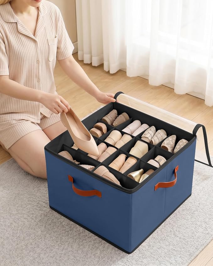 2 Pack Foldable Shoe Storage Bin Clear Lid Organizer for Entryway,Navy Blue - Image 4