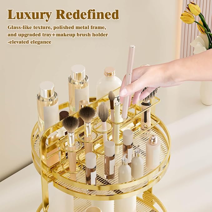 360°Rotating Makeup Organizer, Gold Bathroom Organizer Countertop - Image 3