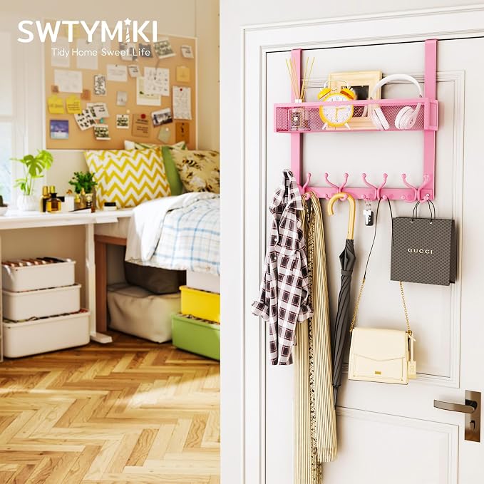 SWTYMIKI Over The Door Hook with 16 Hooks & Mesh Baskets - Heavy Duty Over The Door Organizer Hanger for Towels, Coats, Clothes - Space Saving Hanging Rack for Bathroom, Living Room, Pink - Image 4