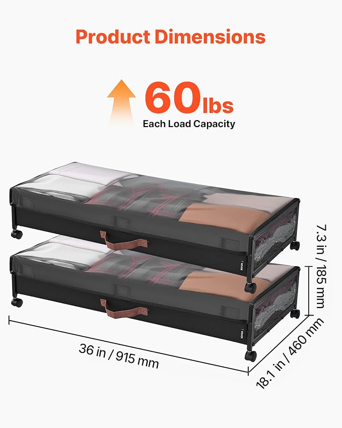 VEVOR Under Bed Storage with Wheels, 36.0 x 18.1 x 7.3 inch, Underbed Containers with Clear Lid, Underbed Shoe Organizer, Rolling Under the Bed Storage Bins for Clothes Shoes Blankets Bedroom, 2 Pack - Image 3