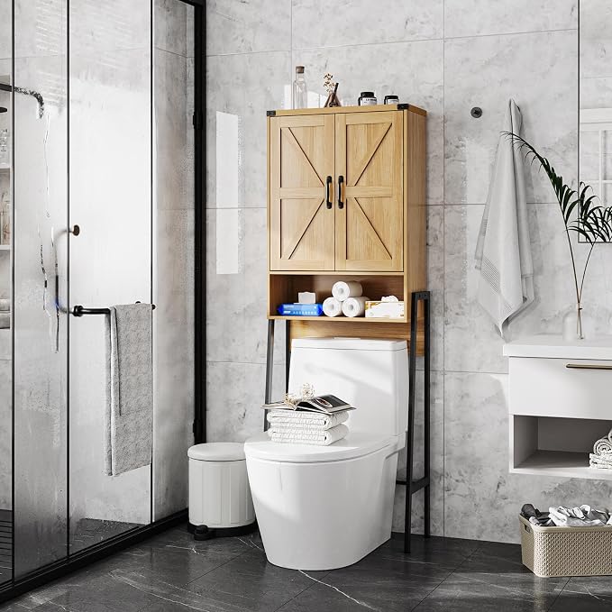 Vabches Over The Toilet Storage Cabinet with 2-Door Design Bathroom Organizers and Storage with Anti-Tip Device Over Toilet Organizer with Shelves for Bathroom,Restroom,Laundry Natural - Image 3