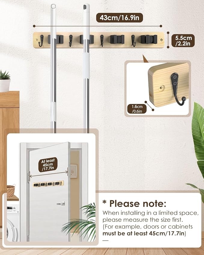 AceMining Light Wood Broom Holder Wall Mount, 4 Holders 4 Hooks Mop Holder - Image 4
